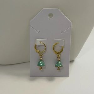 Huggie Hoop Leverback Earrings with Green mushroom drop charms 24K Gold P…